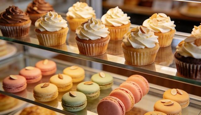 Displaying cupcakes and pastel macarons on glass shelves at bakery counter