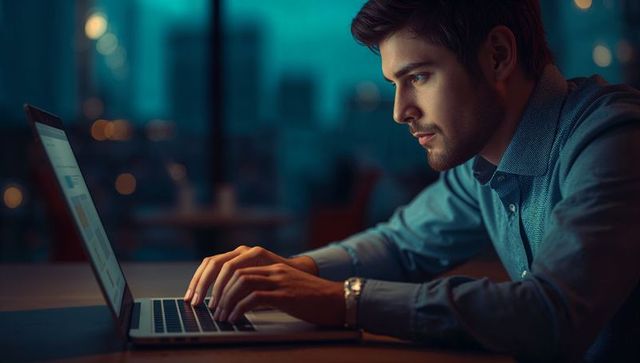 Focused Professional Typing on Laptop in Dimly Lit Office