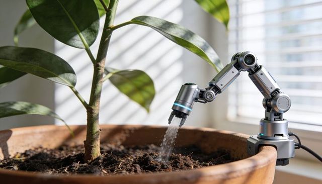 Robotic arm watering young houseplant in terracotta planter on sunlit windowsill