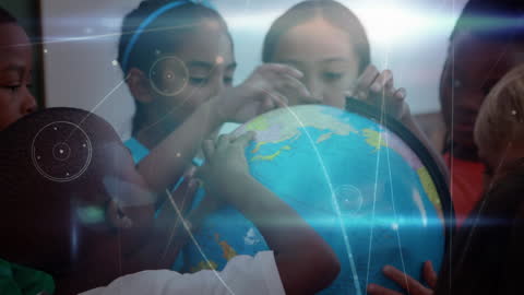 Diverse Children Exploring Globe with Digital Network Overlay