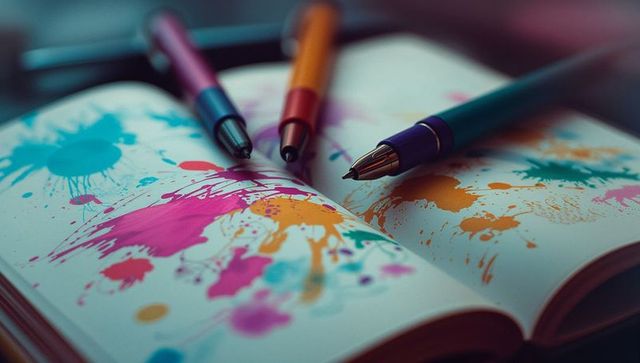 Colorful rollerball pens on open sketchbook with ink splatters