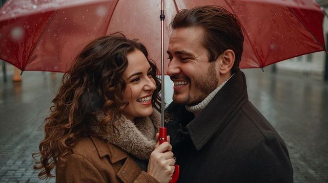 Laughing couple sharing red umbrella on rainy city street wearing cozy winter coats
