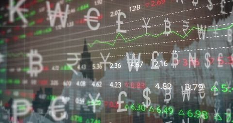 Global financial market with currency symbols and graphs