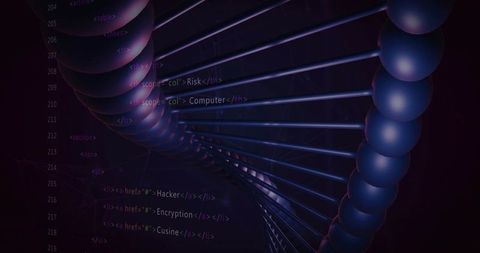 Neon DNA Helix with Cyber Code, Glowing Network Security Visualization