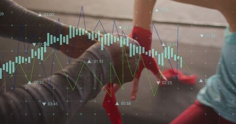 Couple stretching with red resistance band at home with overlaid financial charts