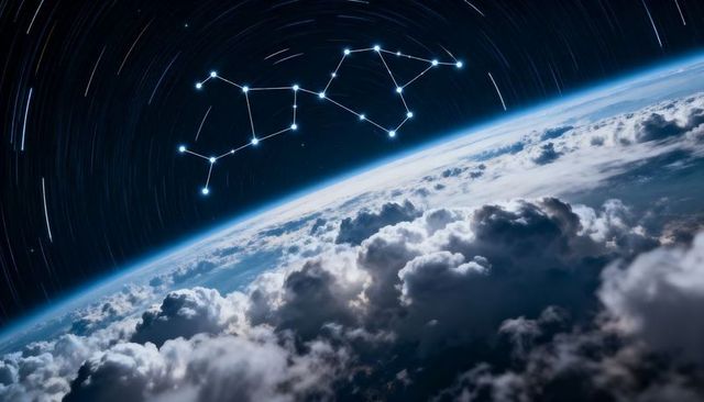Orbiting earth horizon showing constellation overlay and circular star trails