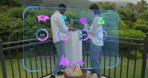 Couple sharing drinks on tropical terrace with augmented reality financial hud overlay