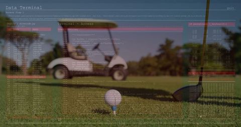 Golf ball and tech terminal overlay in outdoor leisure setting