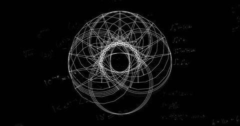 Abstract geometric wireframe with mathematical equations