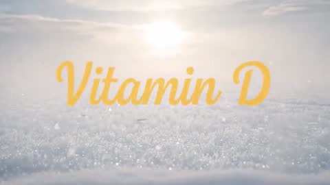 Sunlit winter landscape glowing Vitamin D typography sparkling on frosty snow field