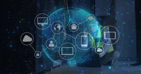 Technician Connecting Cables in Data Center with Digital Overlay