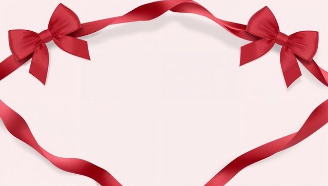 Red satin ribbon framing heart shape with two bows on blush background for greeting cards