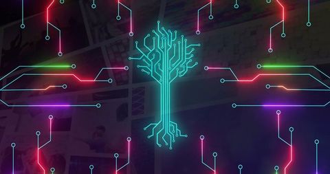Neon circuit tree on digital grid interface background