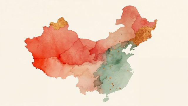 Artistic watercolor map of china with gold foil highlights