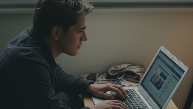 Young man typing on laptop at home desk near window, concentrating on remote work