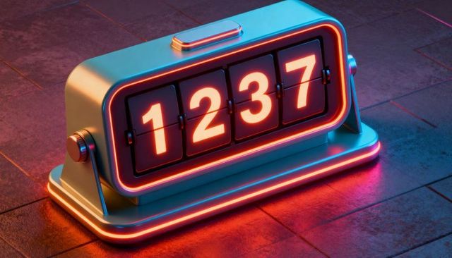Glowing retro flip clock in teal and neon pink displaying 1237 on reflective tiles