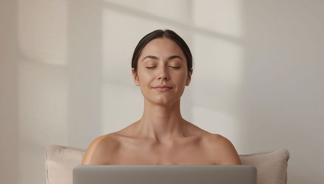 Serene woman meditating with laptop on cream sofa in minimalist home interior