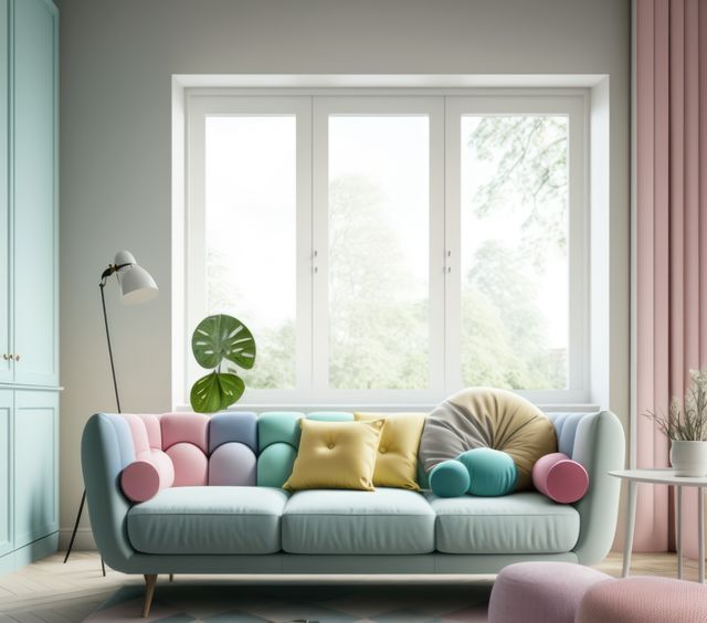 Pastel coloured blue retro sofa and cushions by window, created using generative ai technology. Interior design, feminine, pastel colours and vintage home decoration concept digitally generated image.