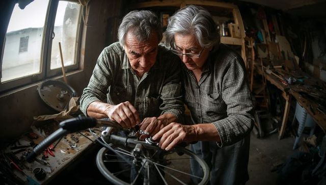 Senior Couple Repairing Bicycle Together in Rustic Workshop, Collaborating on Brakes