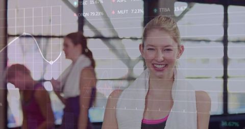 Woman Resting in Fitness Studio Among Energy Charts