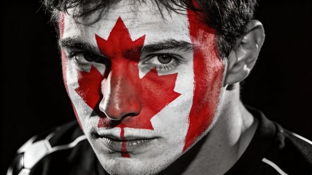 Staring canadian fan wearing maple leaf face paint high-contrast closeup portrait