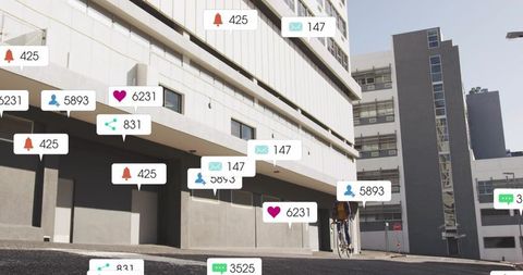 Cyclist pedaling through sunlit urban street with floating social media notifications