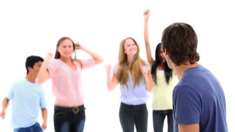 Man Enjoying Time with Friends Cheering Enthusiastically