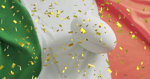 Celebratory Rugby Ball and Italian Flag with Gold Confetti