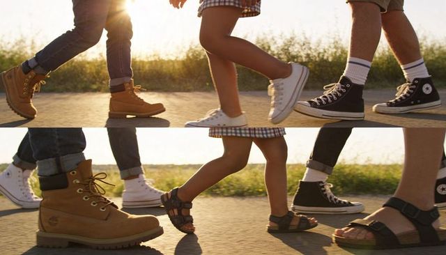 Family walking at golden hour showcasing varied footwear on sunlit paved path