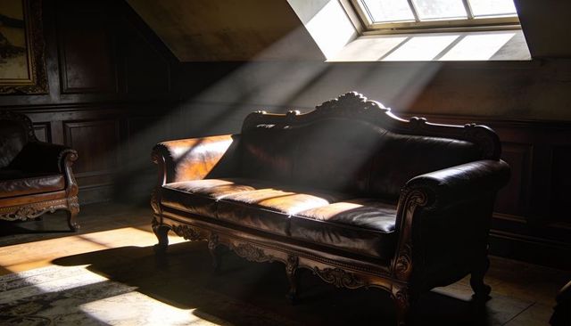Vintage carved leather sofa bathing in skylight rays in dusty attic with ornate details and worn rug