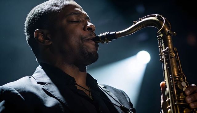 Saxophonist playing soulful solo under spotlight in intimate jazz club