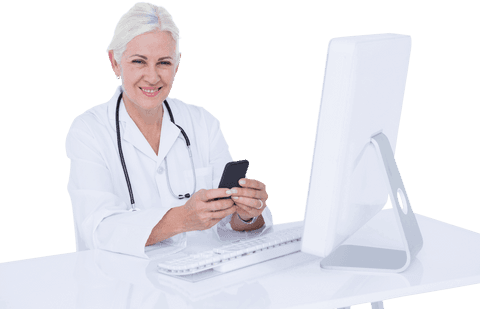 smiling transparent female doctor using mobile phone at desk - Download Free Stock Videos Pikwizard.com