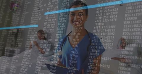 Medical professional reviewing tablet amidst digital overlay in hospital