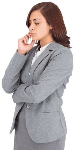 Thoughtful businesswoman pondering in gray suit on transparent background
