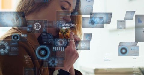 Woman holding pastry while interacting with futuristic holographic smartwatch ui and code