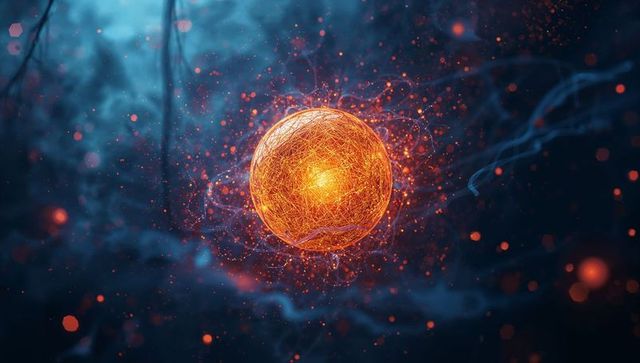 Glowing orange orb in futuristic digital space