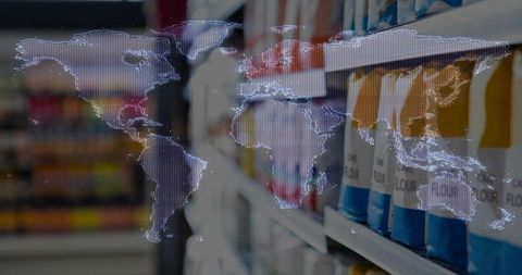World map and grocery shelves merged concept for global distribution