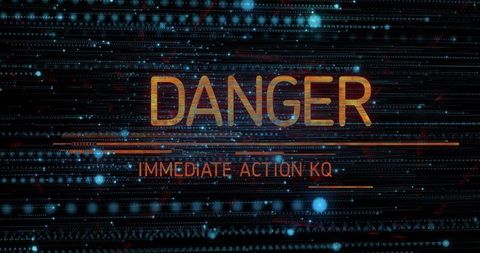Danger alert overlay on cyberpunk digital interface showing glitch scanlines neon