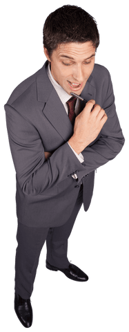 Transparent Smiling Businessman with Pen on Chin and Thoughtful Expression