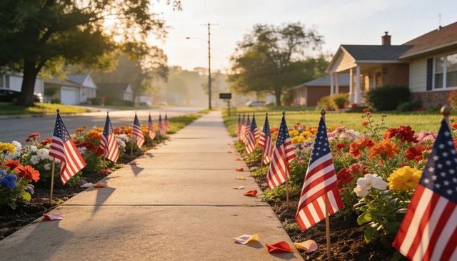 Sunlit american flags guiding sidewalk through vibrant flower beds during golden hour