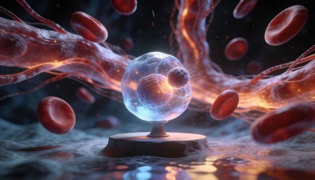 Bioluminescent cell sphere on pedestal with drifting red cells and glowing filaments