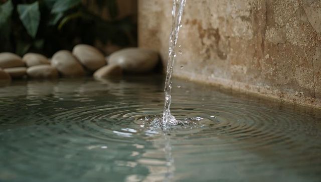 Vertical water stream creating concentric ripples in shallow spa pool with pebbles and beige wall