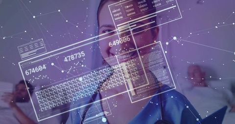 Smiling indian clinician in blue scrubs viewing ar data panels over hospital beds