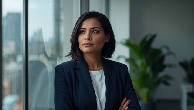 Confident businesswoman standing by office window gazing at city skyline wearing navy blazer
