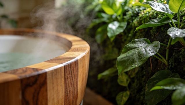 Steaming wooden tub rim with living green wall for minimalist spa wellness retreat