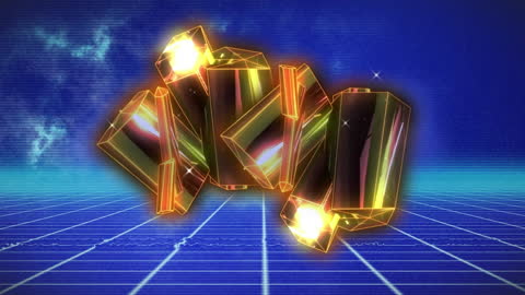 Glitch VFX Network with Luminous Golden Crystal Forms