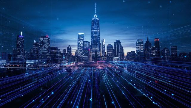 Futuristic Cityscape with Glowing Data Streams and Nodes