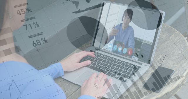Depicting a person attending a virtual meeting on a laptop with a business data overlay on screen. Useful for illustrating themes like remote work, virtual meetings, digital communication, and the use of technology in business settings.