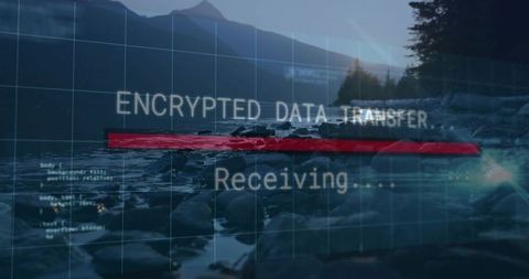 Encrypted data transfer interface overlaying coastal landscape at dusk
