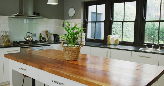 This image depicts a modern kitchen interior featuring a wooden countertop with a potted plant as a centerpiece. Surrounding the countertop are white cabinets and stainless steel appliances, creating a clean and contemporary look. The dark window frames add a touch of contrast, making the space bright and welcoming. This image is ideal for illustrating home interior designs, kitchen decor ideas, home renovation projects, and modern living spaces.